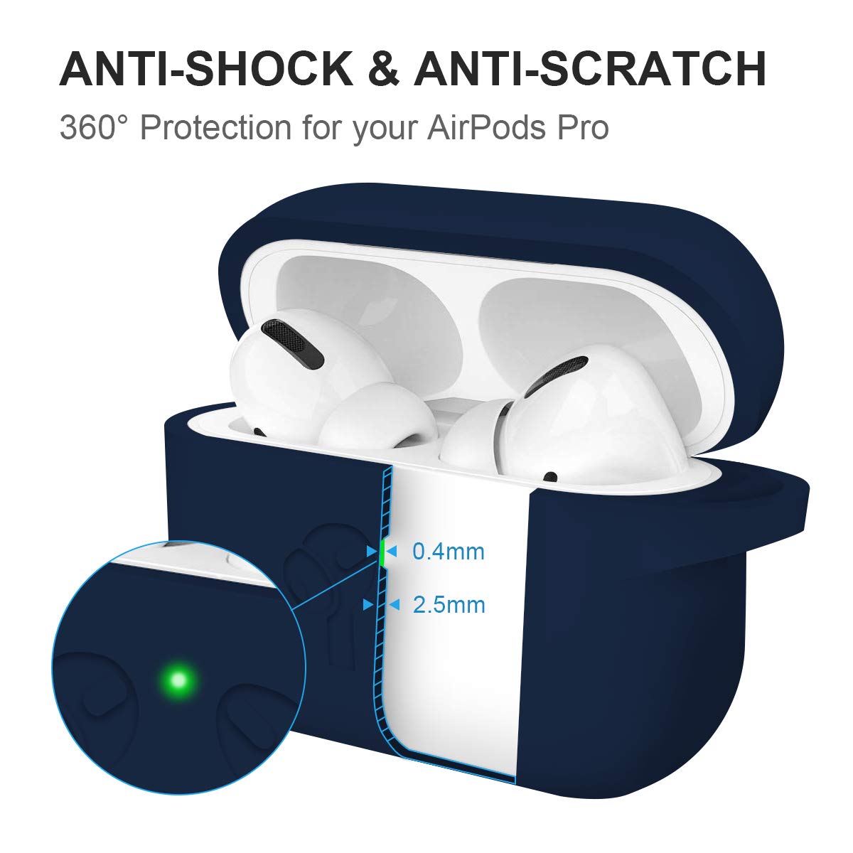 AirPods Pro Case Cover, 2.5MM Thick Silicone Shockproof Protective Cover with Visible Front LED Compatible with Wireless Charging AirPods Pro, Midnight Blue