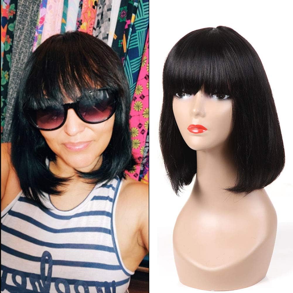 12" Straight Short Bob Wigs for Women Human Hair Wigs with Flat Bangs for Black and White Women Urbeauty 10A Brazilian Remy Hair Glueless Wig no Shedding Unprocessed Virgin Hair Natural Color