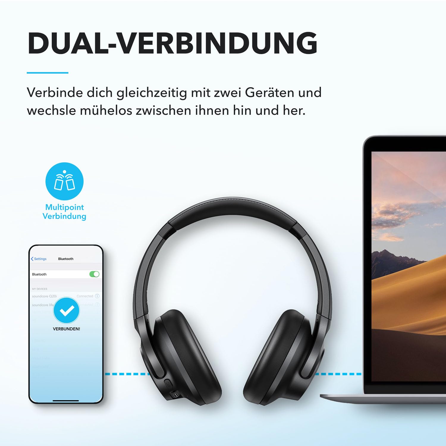soundcore by Anker Q20i kabelloser Bluetooth Over-Ear-Kopfhörer mit Hybrid Active Noise Cancelling, 40h Spielzeit im ANC-Modus, Hi-Res Audio, tiefer Bass, Personalisierung per App(Schwarz) 7