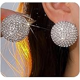 Sparkly Chunky Round Rhinestone Earrings for Women,Charm Large Silver Crystal Circle Dangle Earrings,Bridal Wedding Jewelry Accessories