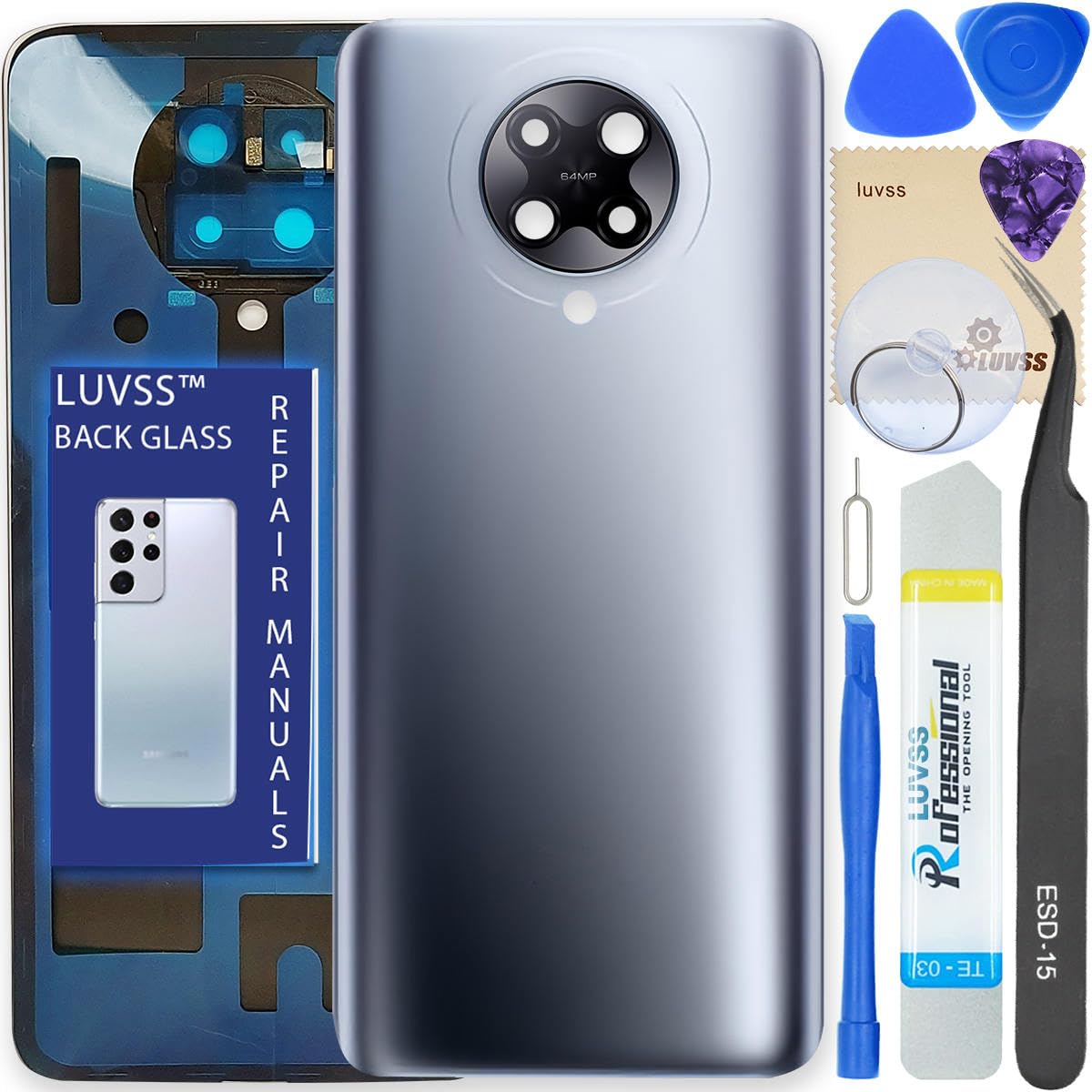 LUVSS Back Glass Cover Replacement Compitable for Xiaomi Poco F2 Pro Rear Cover + Camera Lens + Repair Manual DIY Tools Kit (Gray)