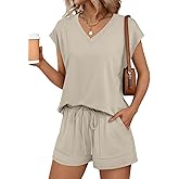 AUTOMET Women 2 Piece V Neck Matching Lounge Sets Clothing Spring Cap Sleeve Shirt and Shorts 2026 Summer Airport Outfit