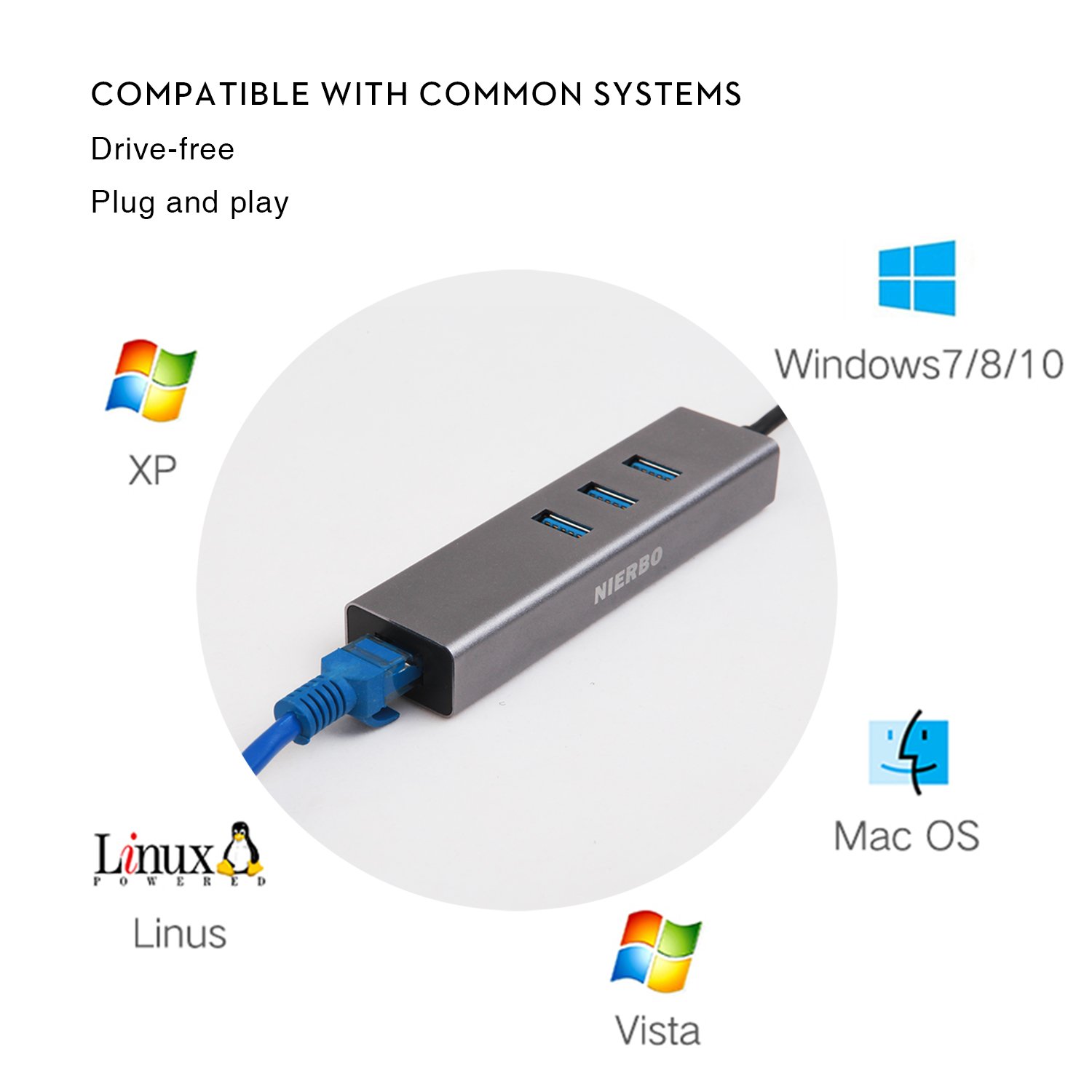 Hub USB 3.0 Ethernet Adaptador 100/1000 Gigabit, NIERBO USB 3.0 a Ethernet RJ45 Adaptador Tarjeta de Red Externa 1000Mbps Ethernet Tarjeta Red LAN RJ45 con 3 USB 3.0 Puertos 5Gbps Nintendo Switch,Adaptador USB C para Mac, Chromebook, Window
