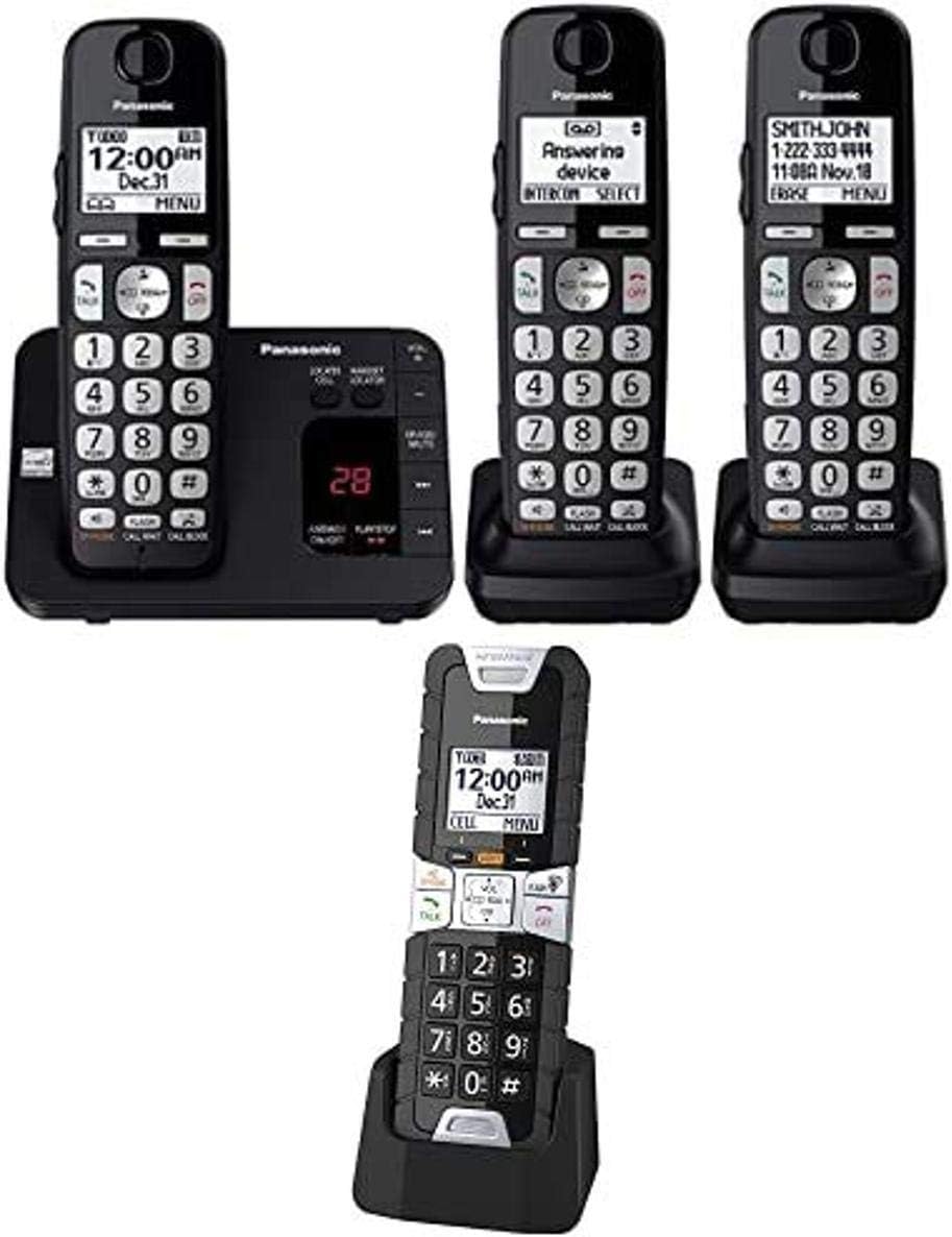 Panasonic KX-TGE433B DECT 6.0 Expandable Cordless Phone with Answering Machine, Call Block, 3 handsets and Additional KX-TGTA61B Rugged Cordless Phone Handset