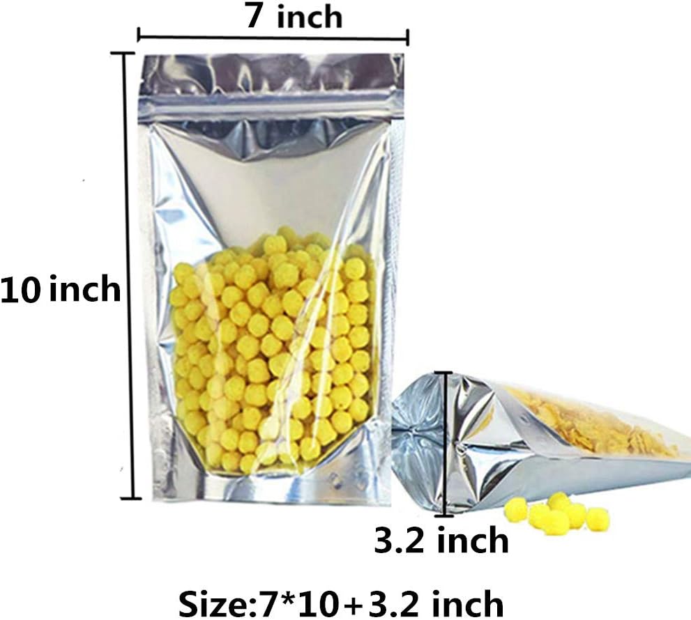 Resealable Mylar Bags Aluminum Eco Material Smell proof Clear Silver Colored Cute Large Heavy Duty Reusable Zipper For Jerky Tea Cookies Assortment Weed Food Safe Storage(7 * 10.3+3.2 inch)
