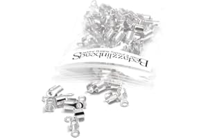 BEDAZZLINBEADS 100 Fold Over Cord Crimp Bead End Tip Findings W/Loop For Thick Jewelry Cording (Silver Plated)