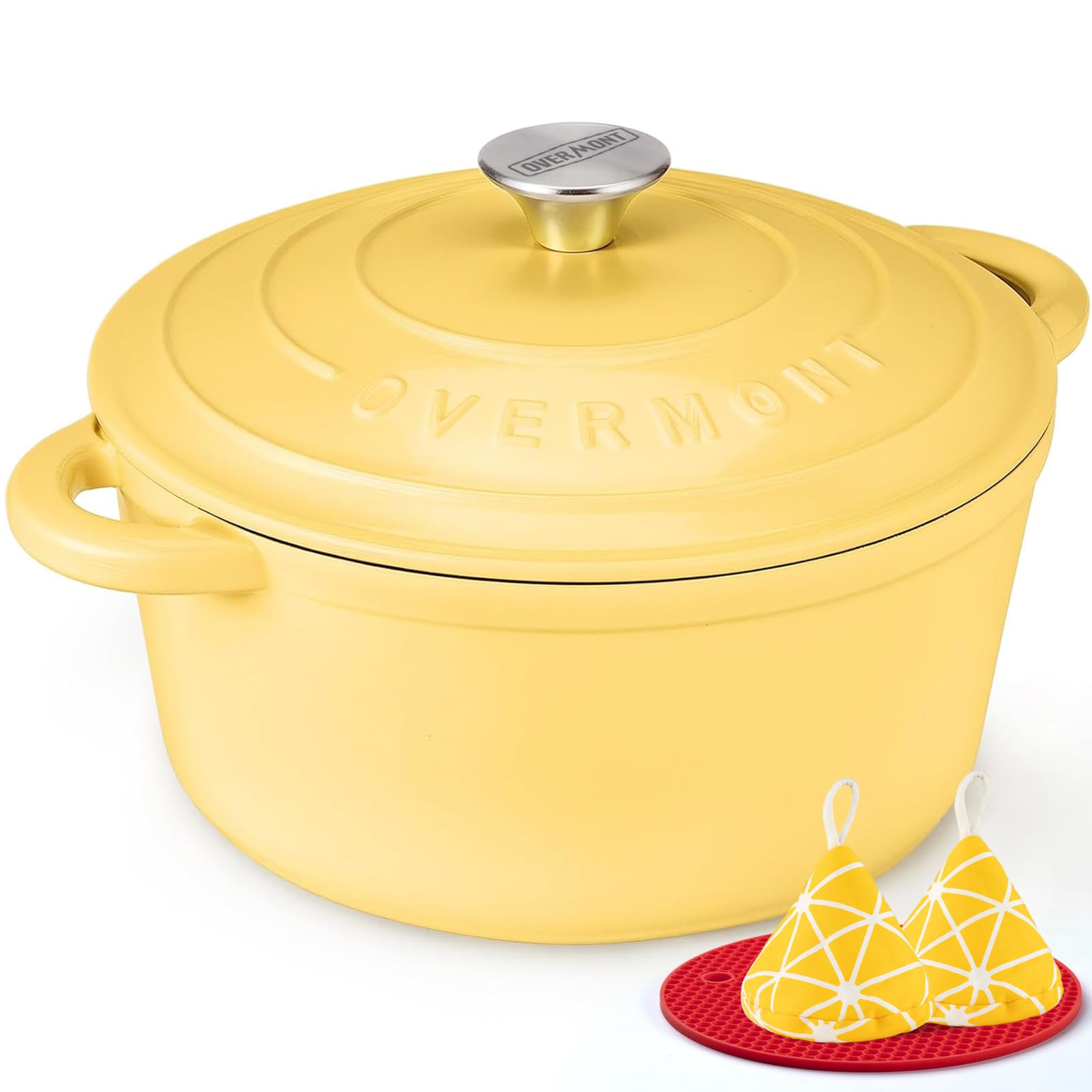 Overmont Enameled Cast Iron Dutch Oven - 5.5QT Pot with Lid Cookbook & Cotton Potholders - Heavy-Duty Cookware for Braising, Stews, Roasting, Bread Baking Goose Yellow Image