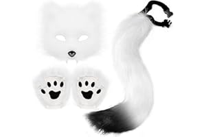 Faux Fur Cat Wolf Mask Tail and Gloves Set Furry Paw Gloves Costume Cosplay Animal for Halloween Christmas Party
