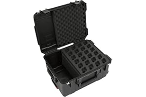 SKB iSeries Microphone Hard Case, Waterproof Polypropylene Shell with 24-Slot Foam Interior, Cable Storage and Wheels for Mic