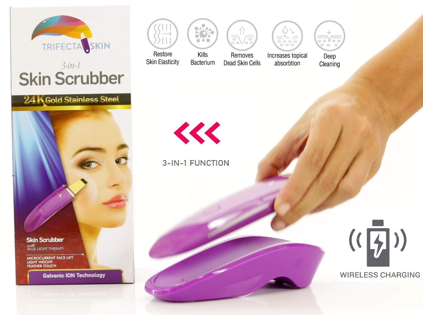 Trifecta Skin Premium 3-in-1 24K Gold Skin Scrubber w/Blue Light Therapy, Galvanic Ion, Micro-current Face Lift Pore Extractor (Trifecta Skin 24K Scrubber): Beauty