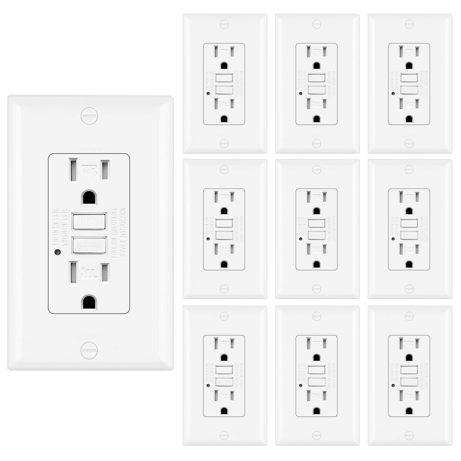[10 Pack] BESTTEN 15 Amp GFCI Outlet, Tamper-Resistant(TR) GFI Receptacle with LED Indicator, Decorative Wallplate Included, ETL Certified, White