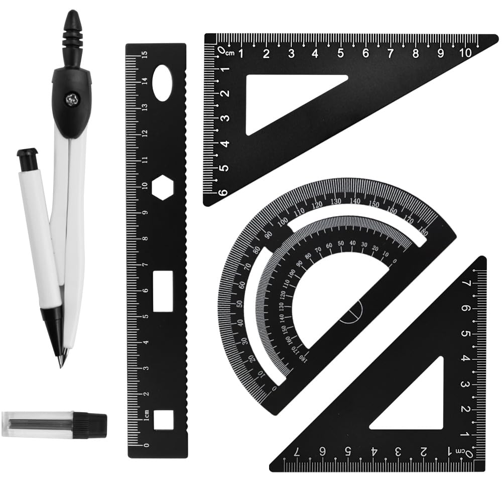 WANTOUTH 5 PCS Geometry Set 4 Pcs Aluminum Metal Scale Ruler Set Triangle Ruler Square Protractor Set Architect Scale Ruler Set + 1 Pcs Professional Compass Maths for Architects Engineers Students