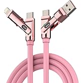 MFish 4 in 1 Charging Cable, 240W Max Fast Charger Cord 6.6FT with Carrying Case, Silicone USB A/C to Lightning/C with Light, Multi Universal Cable for iPhone 17/16/MacBook/iPad/Laptop/Carplay, Pink