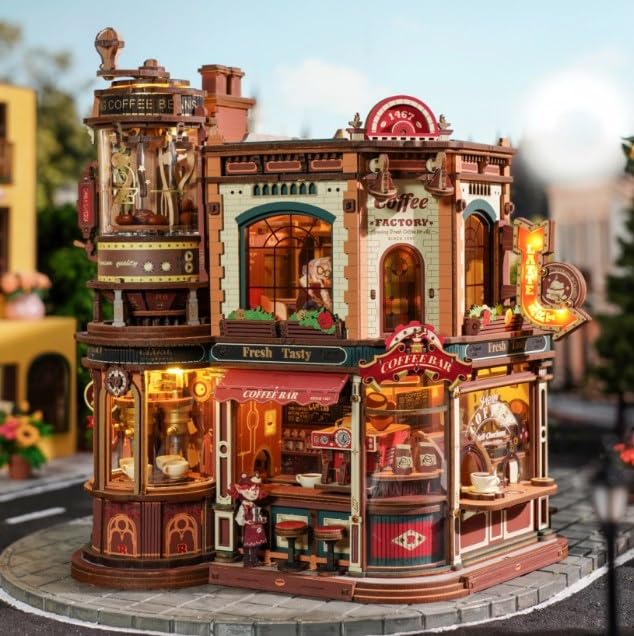 ROBOTIME Wooden 3D Puzzle for Adults to Build - Dream Coffe Factory, Miniature Building Kit with Music, Lights and Animated Scenes, Miniature House/Book Nook Café EAB02