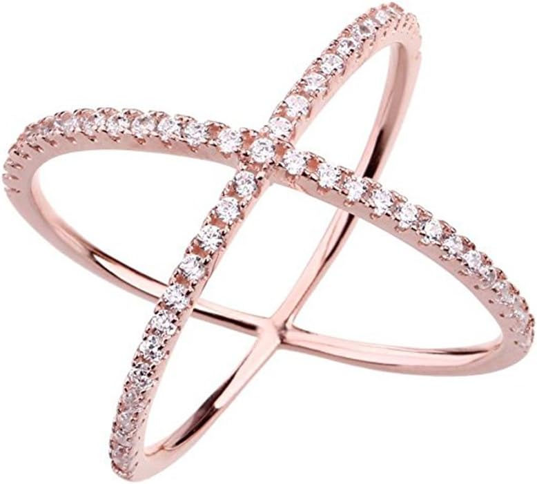 Womens Criss Cross Ring X Ring Micropave CZ Inlay 14K Rose Gold Plating Size 6 7 8 9
