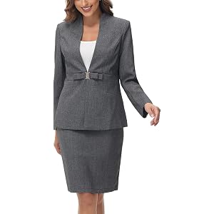 Lamgool Skirt Suit Set for Women 2 Piece Business Office Outfit | Collarless Blazer, Slit Pencil Skirt with Elastic Waist, Sk