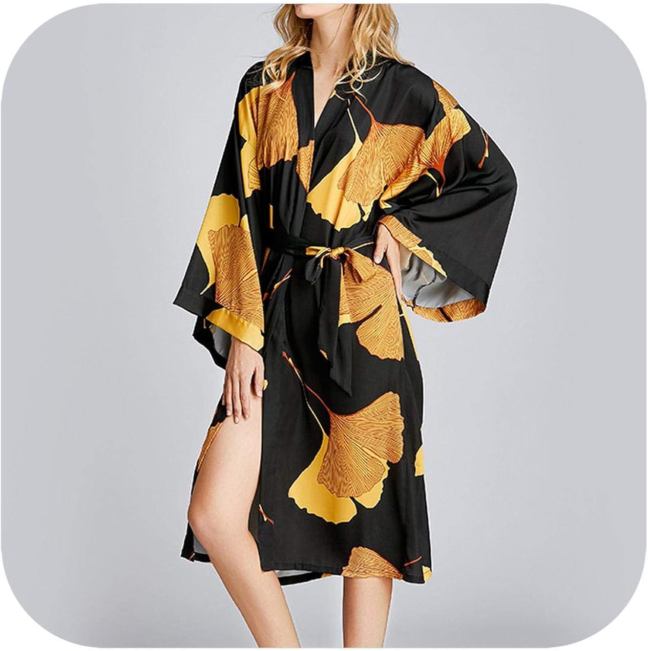 Black Satin Kimono Gown Nightgown Spring New Print Robe