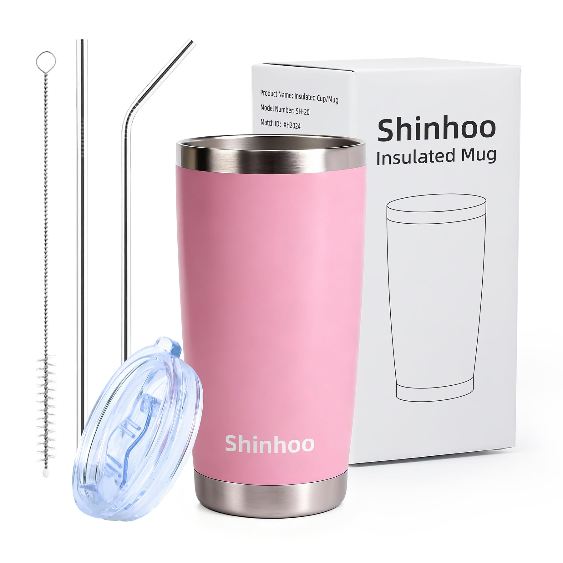 Shinhoo 20oz/ 550ml Insulated Travel Mug Reusable Coffee Cup Tumbler with Straw and Lid for Hot Cold Drinks (Pink)