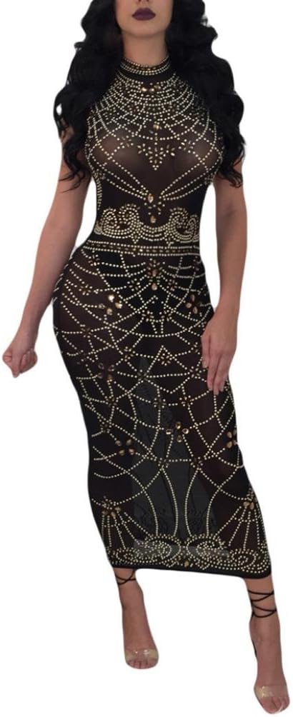 UOKNICE Women Sexy Clubwear Bodycon Sleeveless Party Dress Long Dress Perspective Club