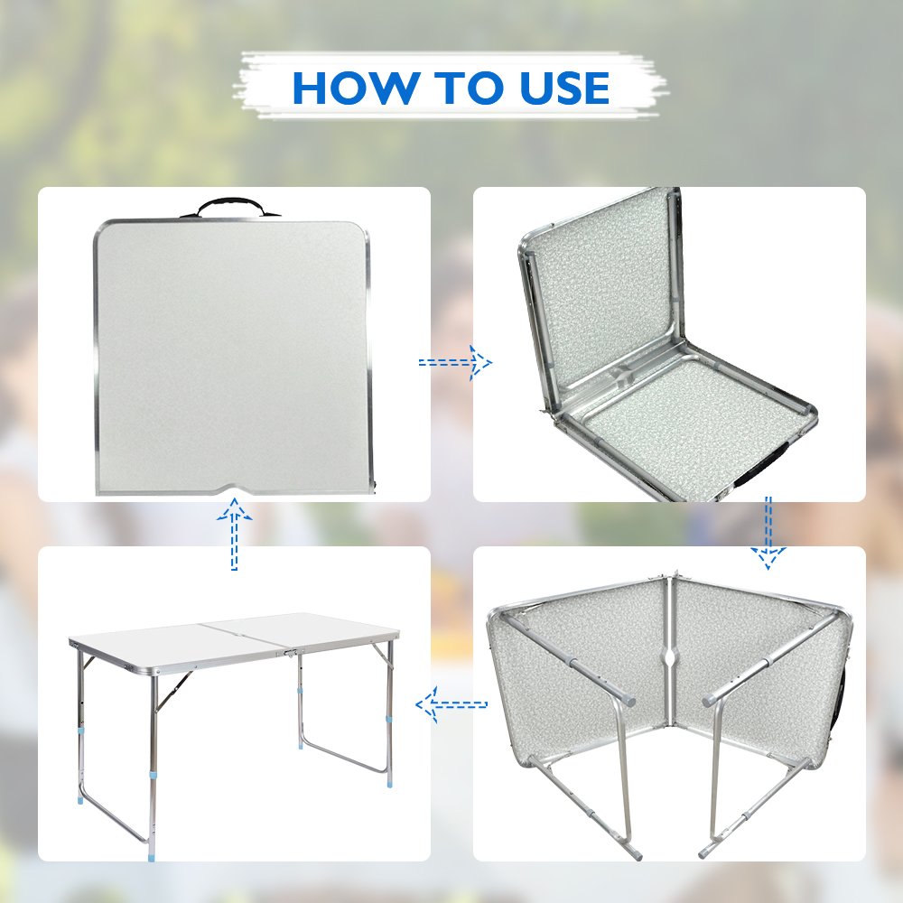Homdox Height Adjustable Camping Folding Table Aluminum Table with Portable Carrying Handle Multi Purpose for Indoor Outdoor, White