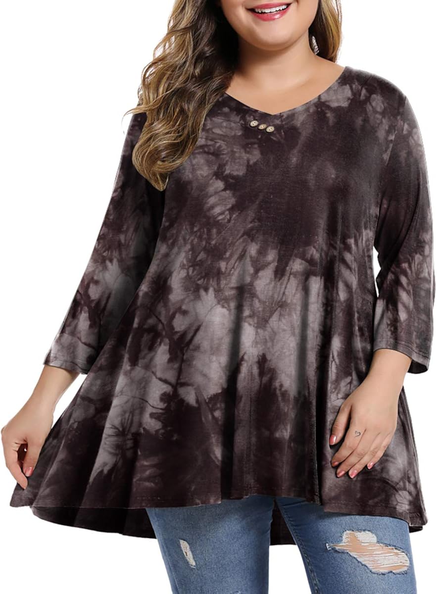 MONNURO Womens Plus Size 3/4 Sleeve V Neck Button Casual Loose Flowy Swing Tunic Tops Basic Tee Shirts for Leggings