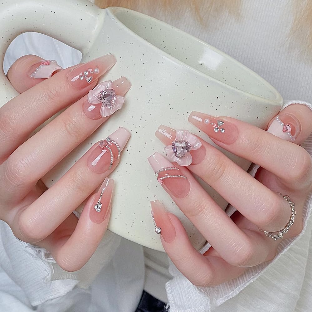 Pure Handmade Nails Press on Nail Reusable Fake Nails Pink French Rhinestones Ribbon Bow Bling Bling Nude Medium Stick on Nails French Tip False Nails 10pcs (S, Q269)