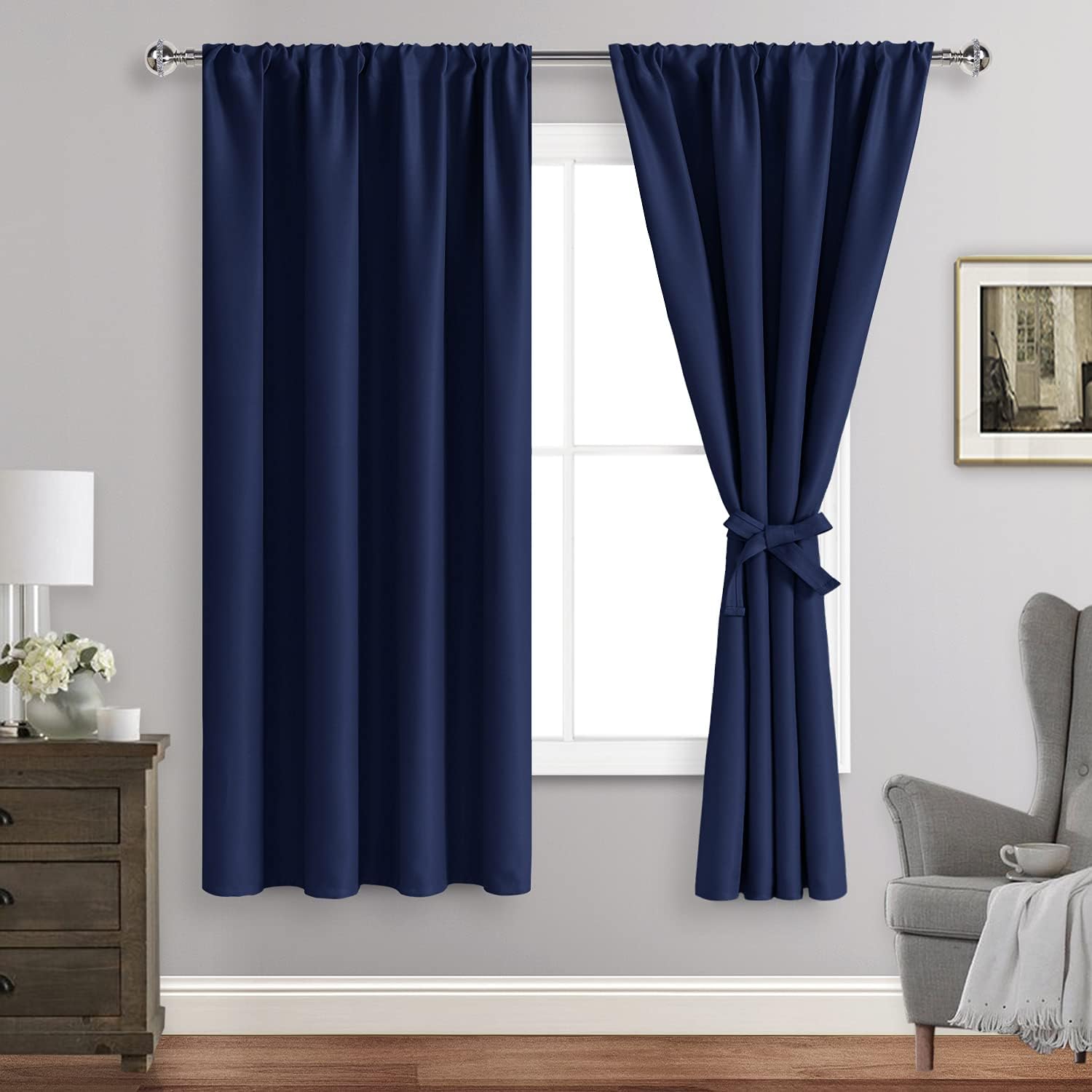 Window Treatments - JIUZHEN Blackout Curtains for Bedroom - Thermal Insulated Room Darkening Noise Reducing, 42 x 63 Inch Length Curtains for Living Room, Set of 2 Panels with Tiebacks, Navy Blue