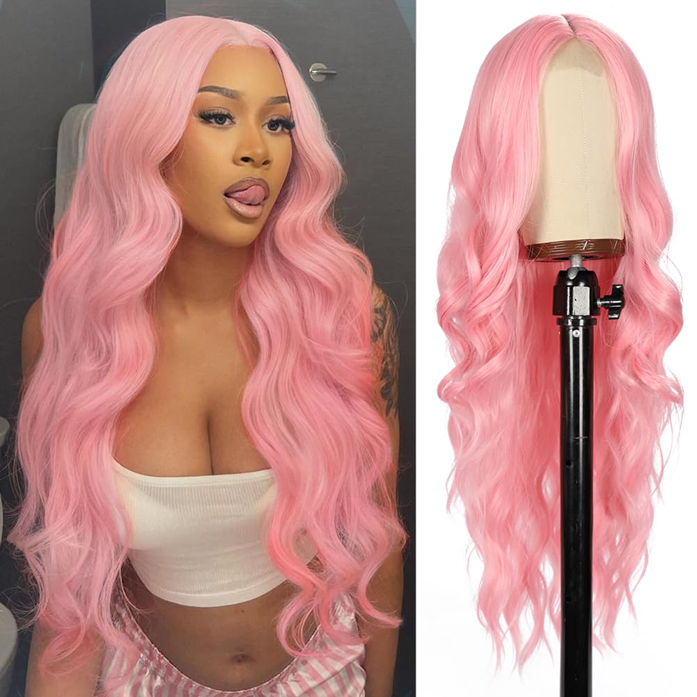 Photo 1 of Colorful Queen 26 Inch Pink Wig Long Wavy Pink Wigs for Women Middle Part Synthetic Heat Resistant Wig for Daily Party Cosplay Use
