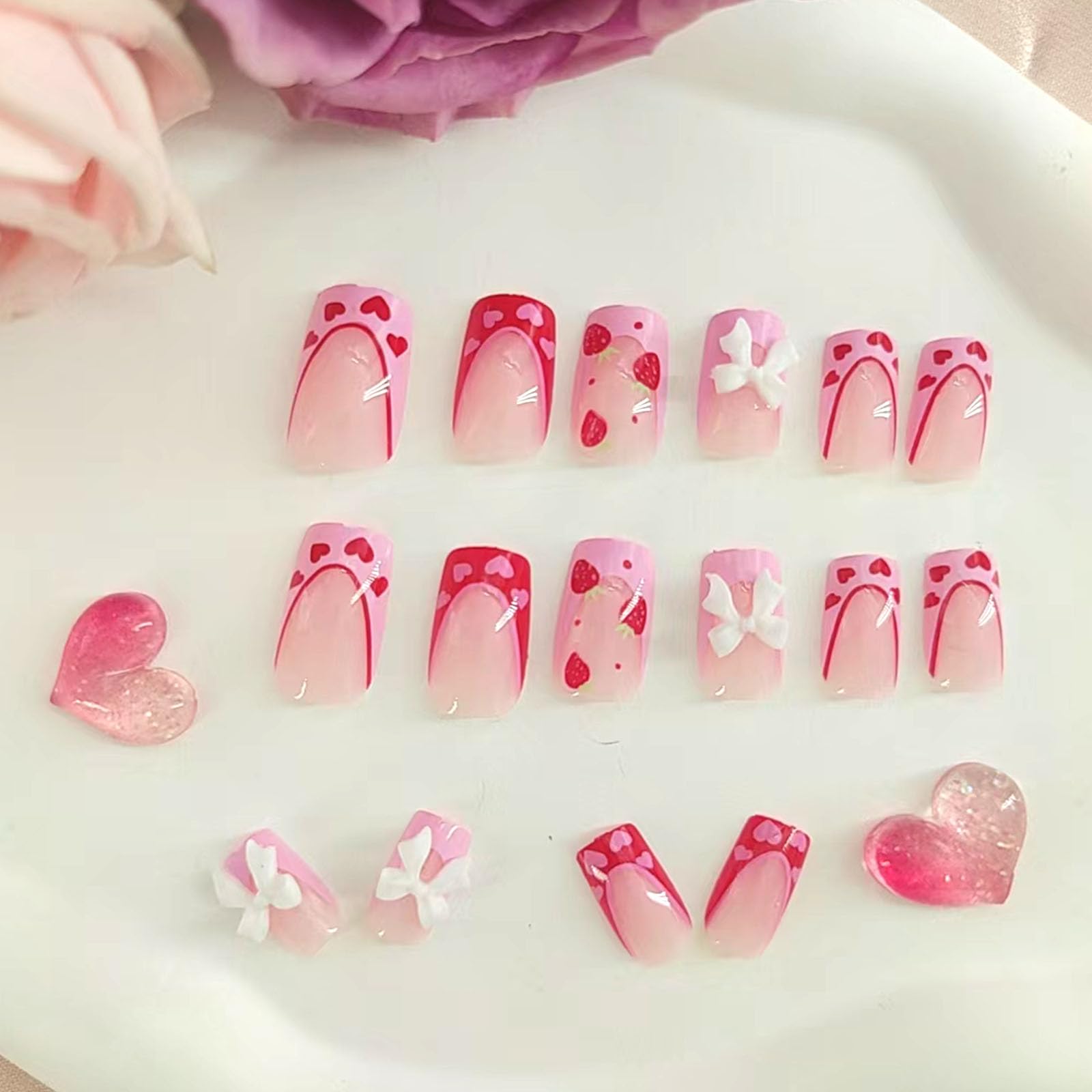 Press on Nails Medium Square With Bow Strawberry Designs Pink French Tip Red Acrylic Nude False Heart Stick on for Women 24Pcs - Image 3