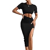 Rooscier Women's Twist Cutout Waist Split Crewneck Short Sleeve Bodycon Midi Dress