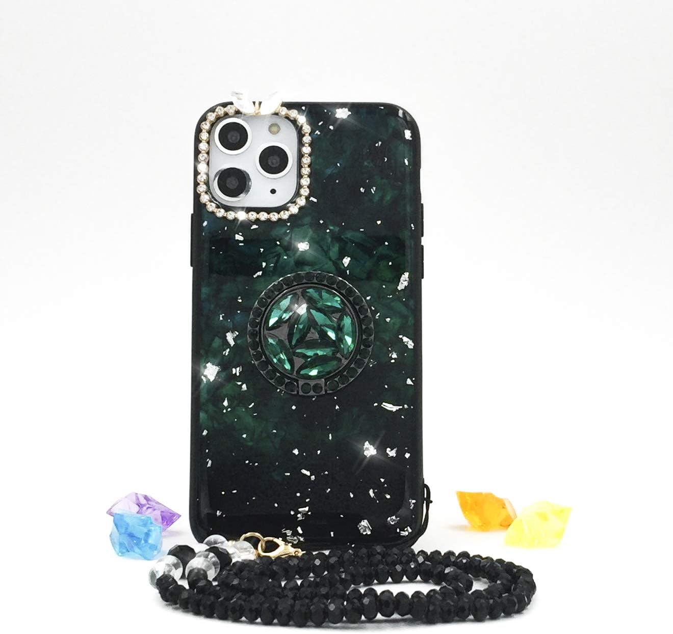 iPhone 11 Case, Soft Silicone Bumper Green Sparkle Cover with Crystal Glitter Bling Diamond Dazzled Finger Loop Grip Holder Kickstand Wrist Strap Shockproof Anti Slip Protective for Apple iPhone 11