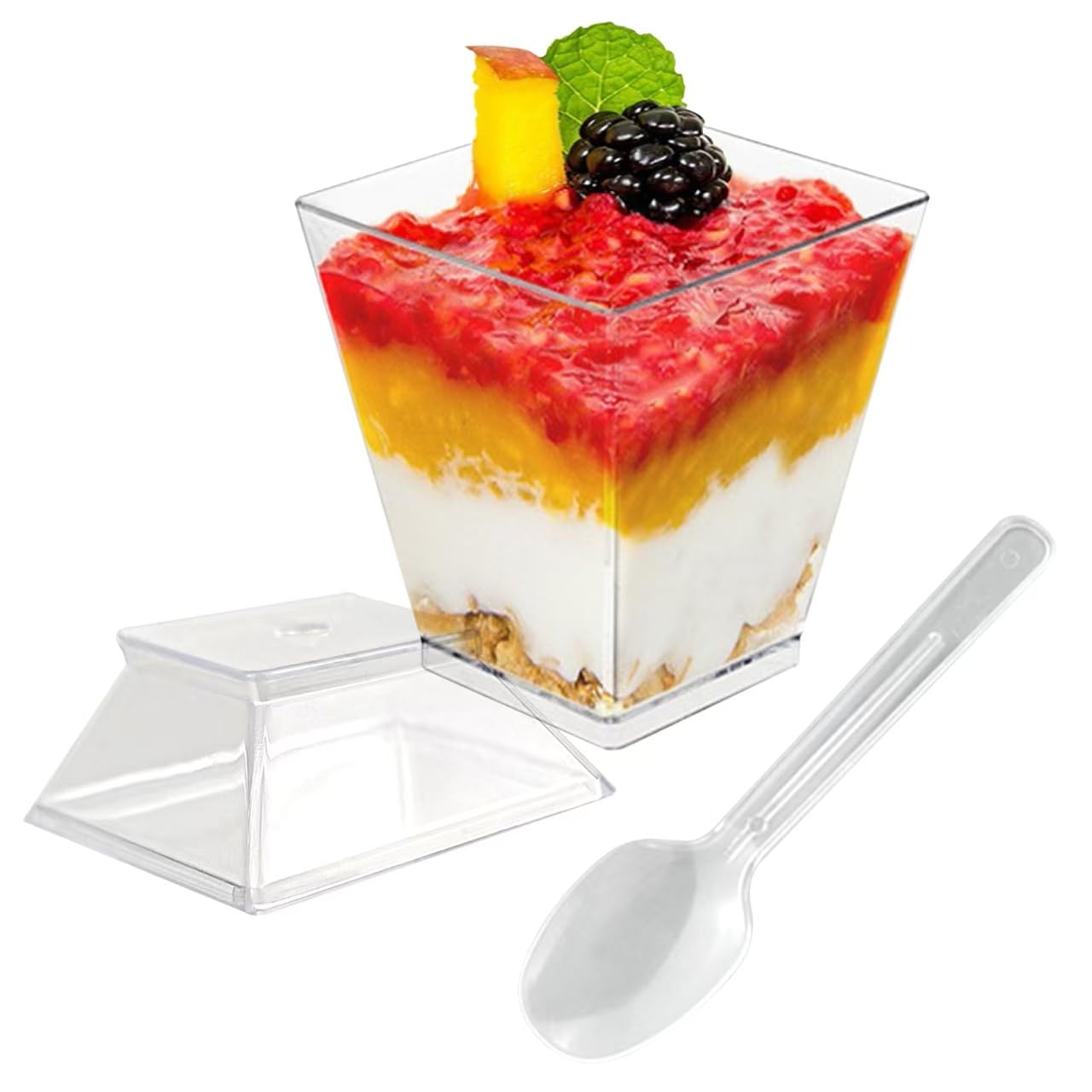 Photo 1 of WANGSHIQI 50 Pack 2 oz Square Clear Plastic Dessert Cups with Lids and Spoons, Parfait Cups, Appetizers, Puddings, Mousse ?Parfait Ice Cream (50, 2 oz)