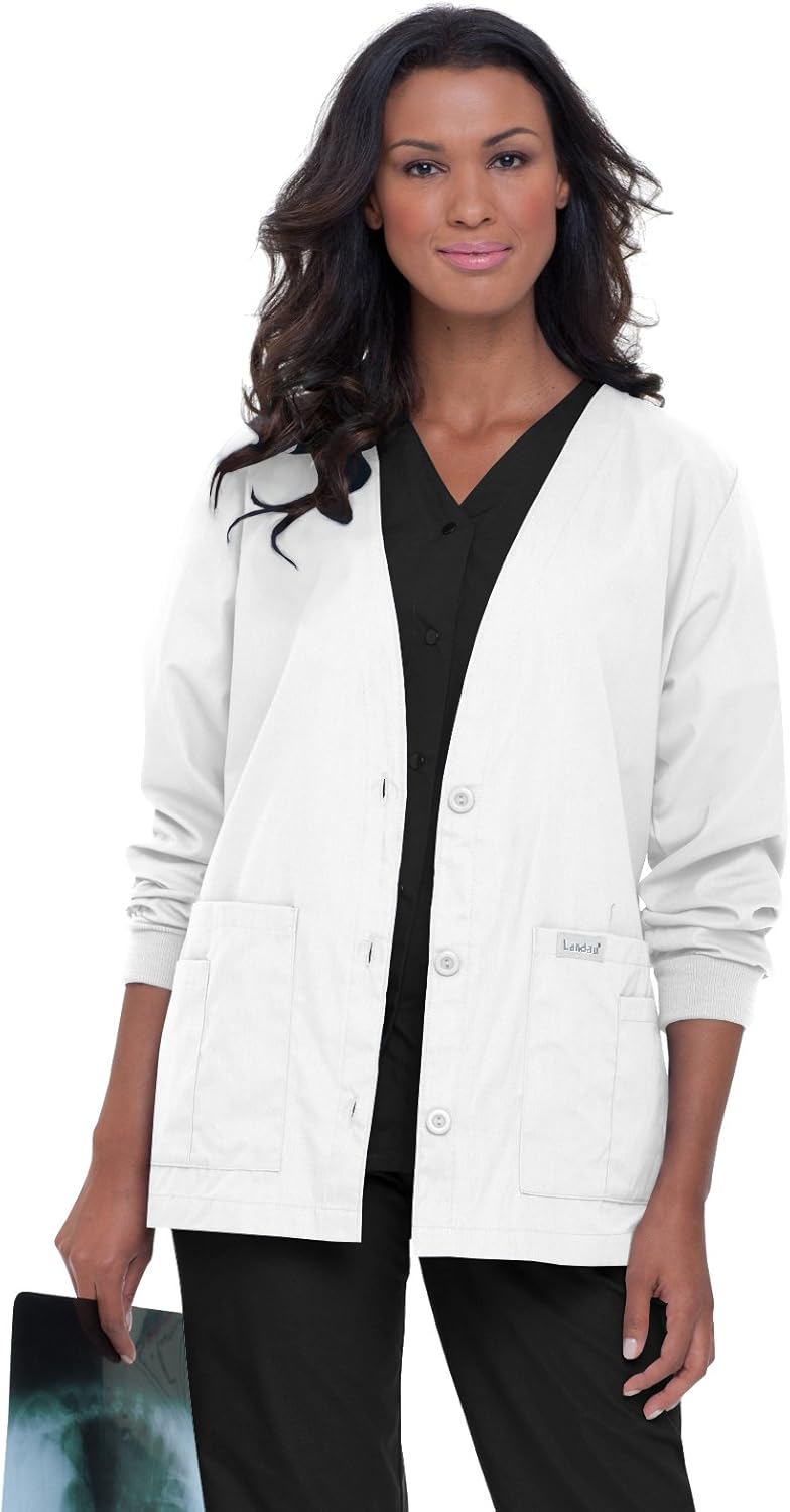 Landau Essentials 5-Pocket Cardigan Style Warm-Up Scrub Jacket for Women: Clothing
