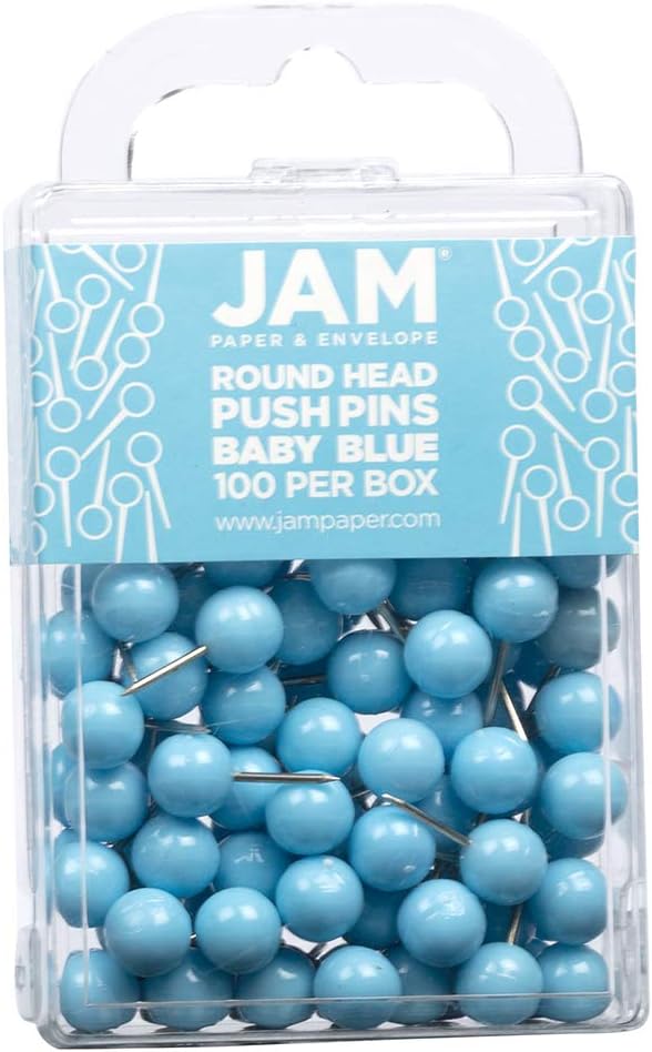 JAM PAPER Colourful Push Pins - Round Head Map Thumb Tacks - Baby Blue Pushpins - 100/Pack