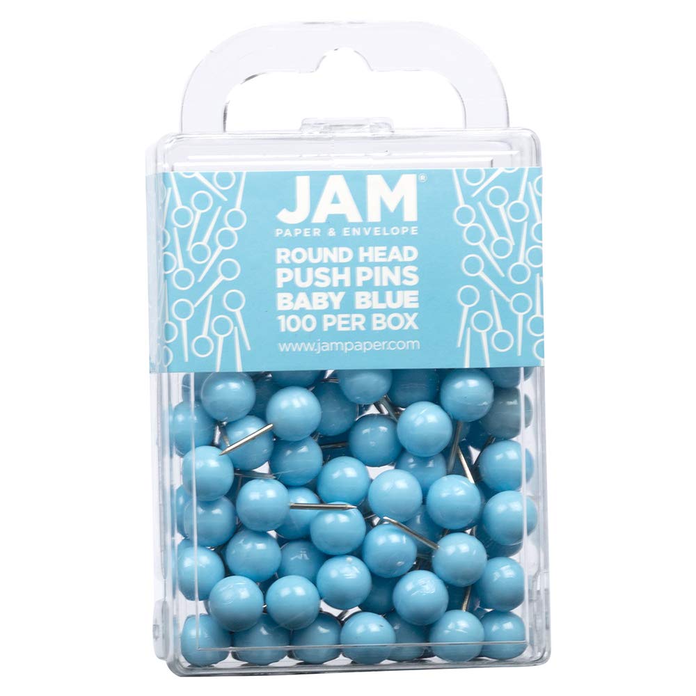JAM PAPER Colourful Push Pins - Round Head Map Thumb Tacks - Baby Blue Pushpins - 100/Pack