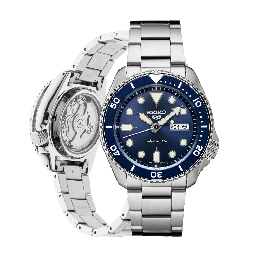 Reloj Automático SEIKO SRPD51 para Hombre - 5 Deportes - Esfera Azul Rayos de Sol, Calendario Día/Fecha, Manecillas y Marcadores LumiBrite y Bisel Giratorio, Resistente al Agua 100 m