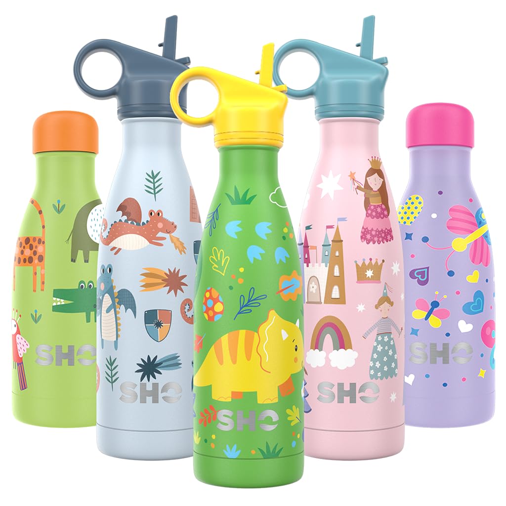 SHO Kids Bottle - Ultimate Insulated, Double Walled Stainless Steel Vacuum Flask & Water Bottle - 12 Hours Hot & 24 Hours Cold - 260ml, 375ml - BPA Free (Dinosaurs with Straw Lid, 375ml)