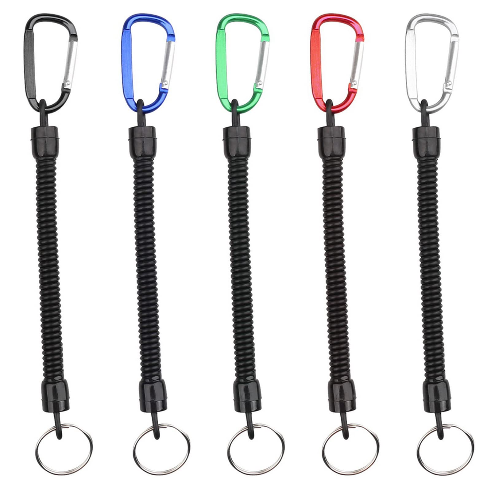 kuou 5PCS Stretchy Spiral Keyring with Color Carabiner, Spiral Retractable Coil Key Chain Theftproof Anti-Lost Stretch Cord Safety Key Ring with Metal for Keys, Wallet, Cellphone