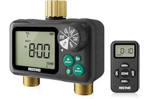 RESTMO Remote Control Brass Sprinkler Timer for Outdoor Hose Faucet 2 Zone, Max 11h59m Programmable Water Timer for Soaker Ho