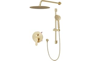 Gabrylly Shower System, Gold Shower Faucet Set with 10" Rain Head and 5-Setting Handheld Spray,2 Way Pressure Balance Valve Kit, Brushed Gold