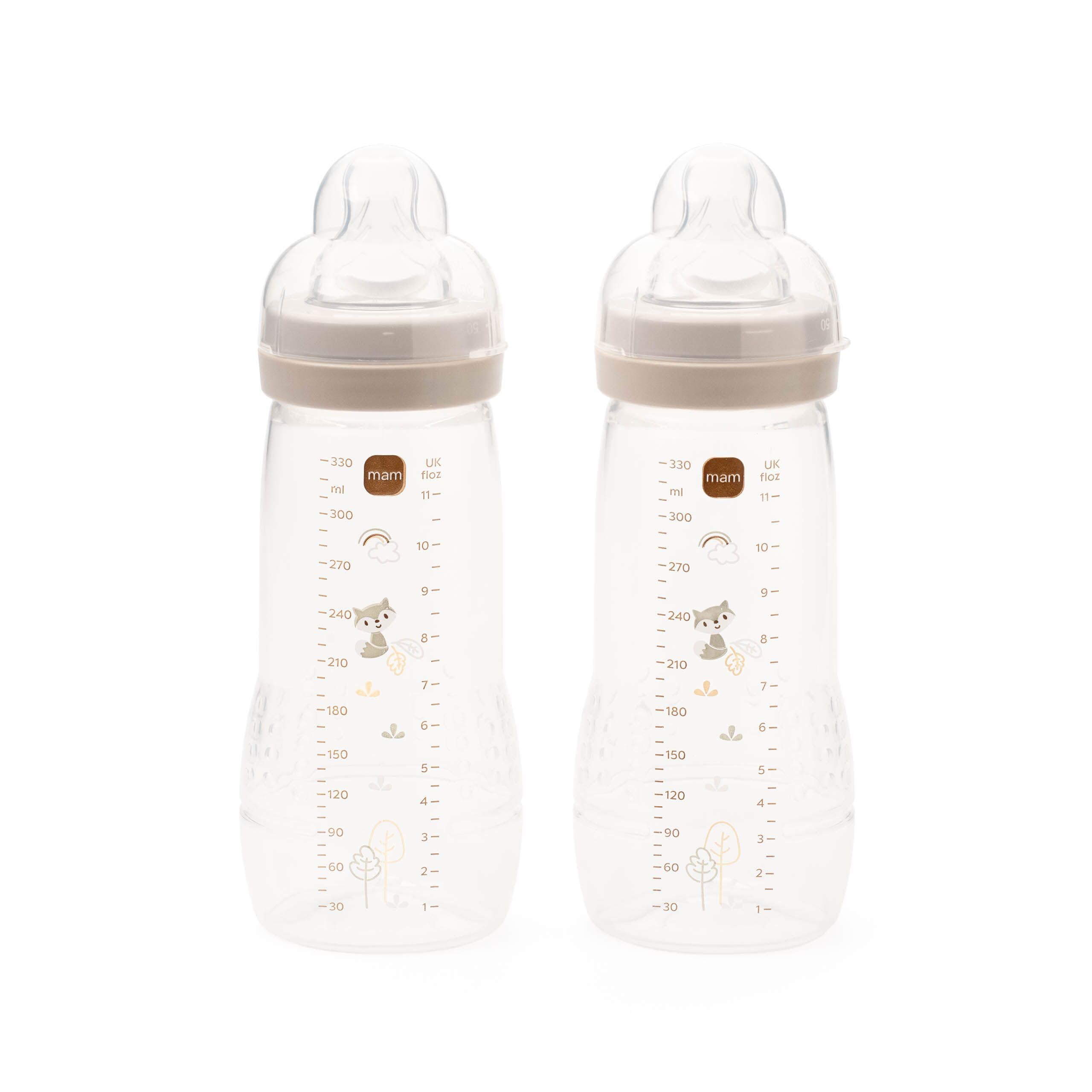 MAM Easy Active Bottles | 2 Pack (2 x 330ml) | Fast Flow MAM Teats Size 3 | Baby Accessories | Linen (Various Designs)