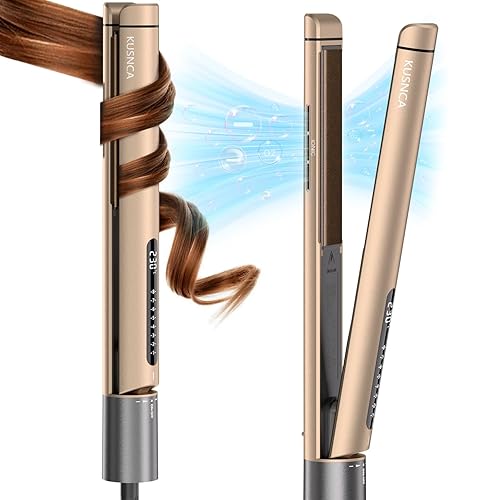 KUSNCA Ion Hair Straighteners, 2 in 1 Straightener and Curler,Anti-frizz and Shine Effect，Front Anti-Scald Design, Floating Ceramic Plates, 8 Settings 110°C-230°C Gold