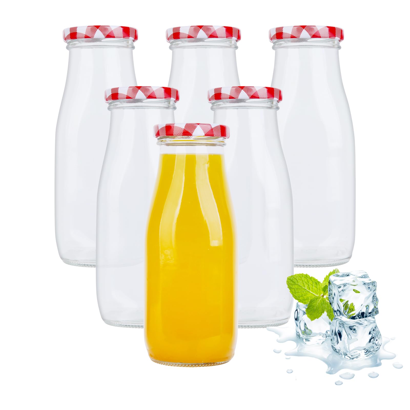 Yeelua 6Pcs 250ml Glass Milk Bottle, Small Milk Bottles with Pretty Red Gingham Lids Reusable Empty Glass Juice Bottles Jam Jars for Decoration and Wedding