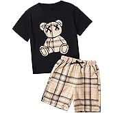 KIDLAGA Kids Toddler Boy Clothes Outfits Bear Print Tee + Plaid Shorts 2 Pieces Summer Shorts Set