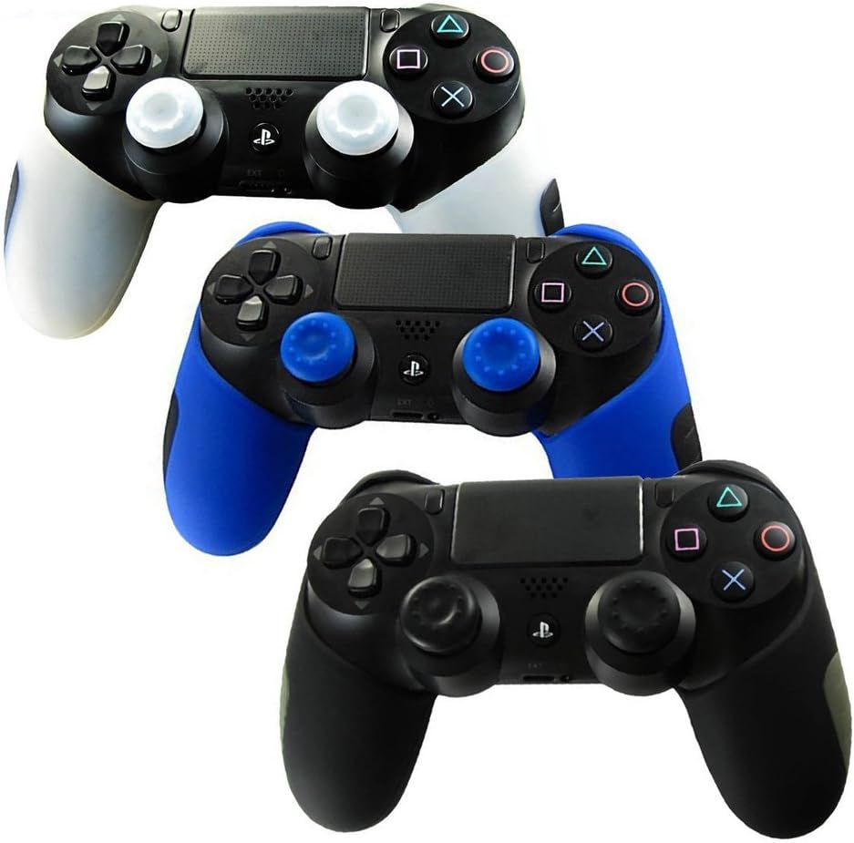 XFUNY® Controller Skin Case for PS4, 3 PCS Soft Silicone Thicker Half Cover Controller Gel Rubber Skin Protectors Case with Thumb Grip Cap for Sony PlayStation 4 PS4 Controller (Black+Blue+White)