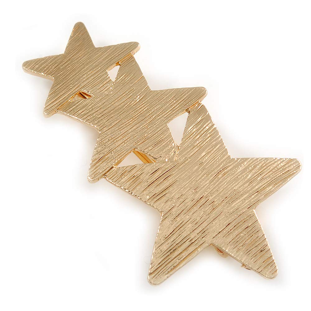 Triple Star Scratched Barrette Hair Clip Grip in Gold Tone - 65mm W