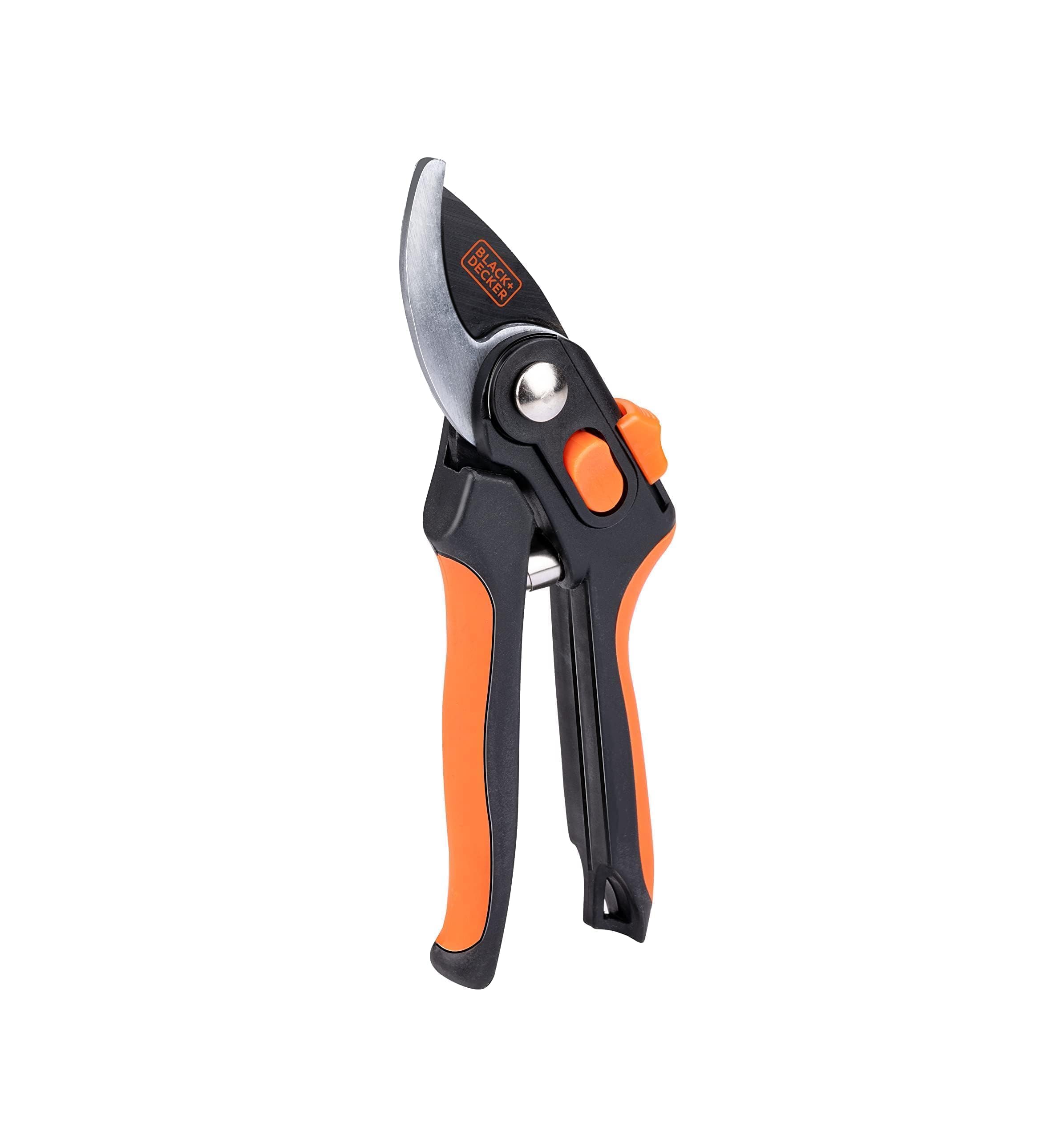 BLACK+DECKER Garden Shears - 20.3 cm - Hardened Steel Blades - 13 mm Cutting Thickness - Black/Orange