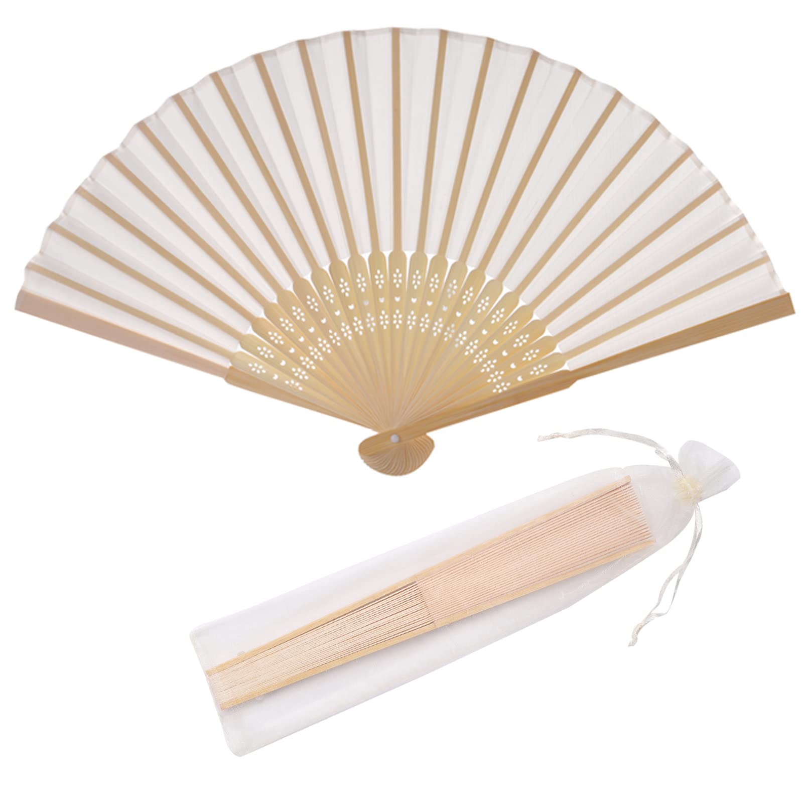 Photo 1 of SL crafts 50pcs Imitated Silk Hand Fan Silk Fabric Bamboo Frame Handheld Folding Fan Bridal Dancing Props Church Wedding Party Favors with Organza Bags (Cream)