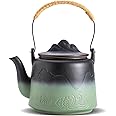 ZENS Vintage Japanese Teapot, 33.8 oz Embossed Ceramic Loose Leaf Teapot with Built-in Strainer for Hot Tea Steeper, Hemp Rope Handle Japanese Tea Brewer Pot for Tea Lovers Gifts