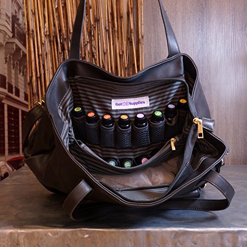 Got Oil Supplies Essential Oils Hobo Bag for Women - Dark Gray Leather Designer Handbag Purse with 16 Elastic Pockets